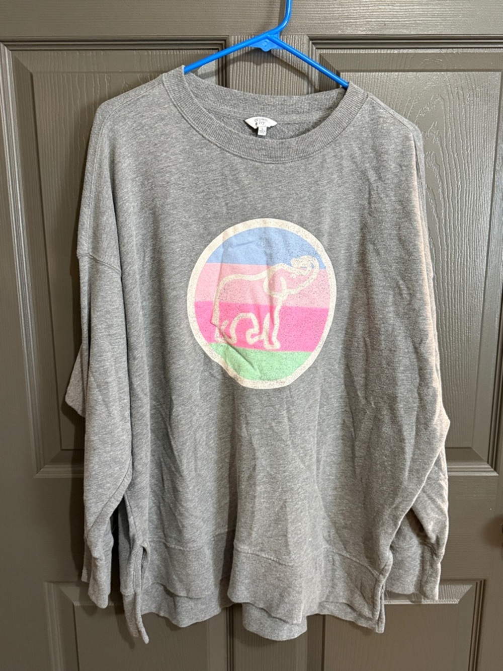 Crown & Ivy Gray Sweatshirt with Pastel Striped Elephant Graphic